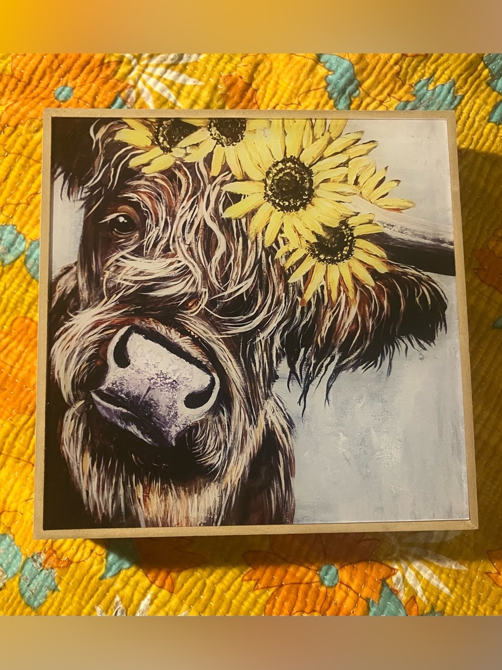 LED Light-Up Highland Cow with Sunflowers Wall Art